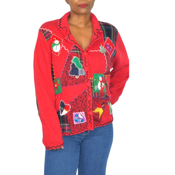 Designer Originals Ugly Christmas Cardigan Sweater Patchwork Plaid Snowman Large - Picture 12 of 16